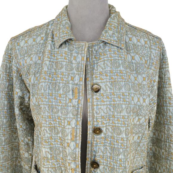Click by Color Me Cotton Jacket Womens Medium Blue Denim Gold Embroidery Flaws - Picture 15 of 16